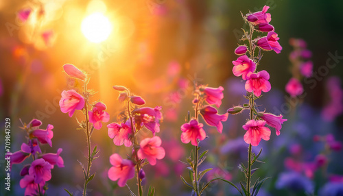 Serene view of Penstemon  Pinifolius backlit by the warm glow of a setting sun  AI generated