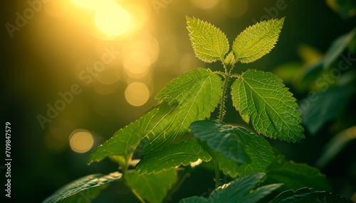 Fresh green leaves (Triffid, Weed, Chromolaena, odorata) with visible veins and dew drops in soft sunlight, AI generated photo