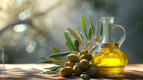 Olive oil in a bottle with olive tree leaves 