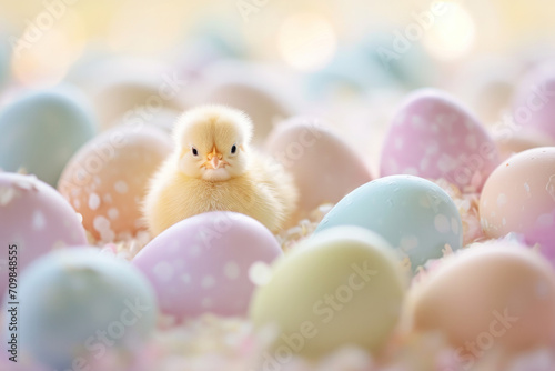 Foto Cute chick with pastel coloured Easter eggs , Easter banner