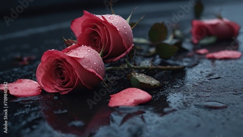 pink roses on black asphalt, background