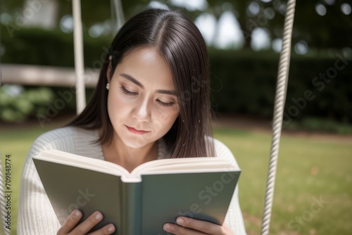 woman in a swing, reading a book, absorbed