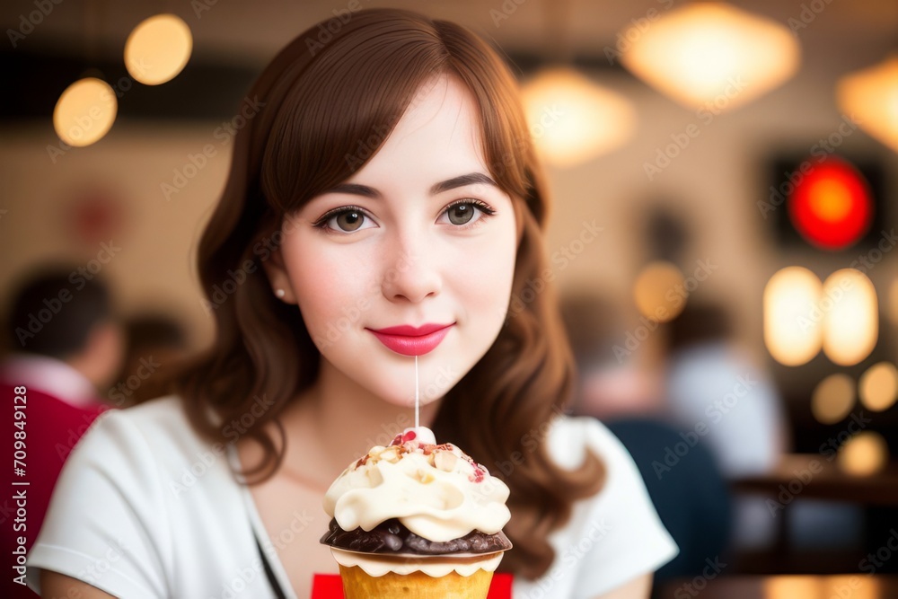 young woman at a retro cafe, savoring a sundae, retro vibe young woman at a retro cafe, savoring a sundae, retro vibe
