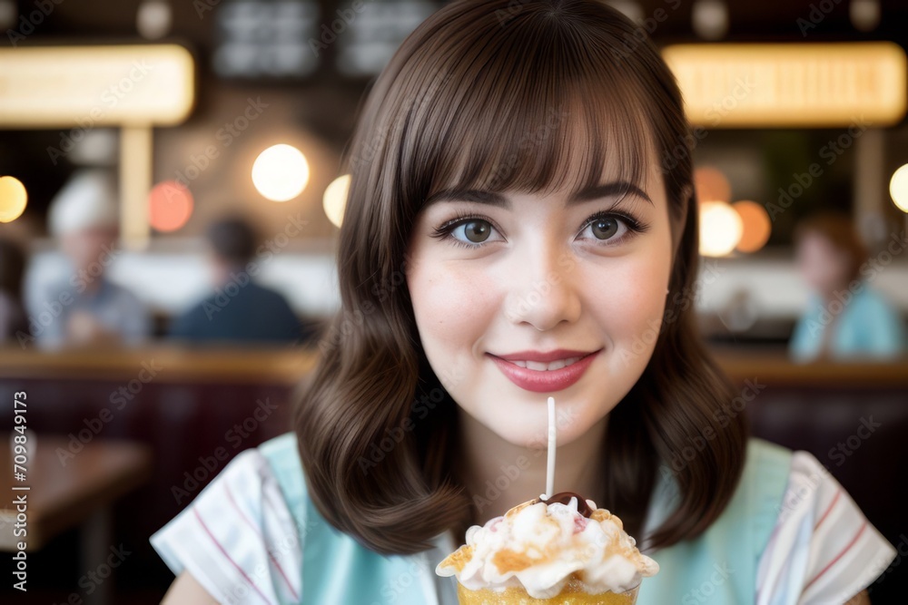 young woman at a retro cafe, savoring a sundae, retro vibe