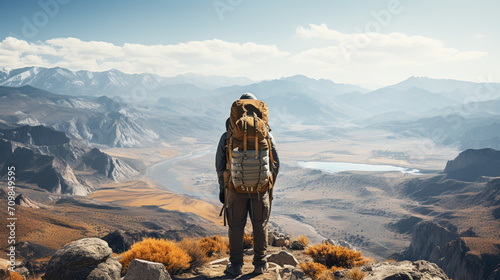 Man hiking at sunset mountains with heavy backpack Travel Lifestyle wanderlust adventure concept summer vacations outdoor alone into the wild photo