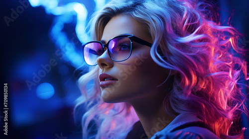 Close-up portrait of a young girl wearing glasses in neon light. Cyber background. Generative AI © kovalovds