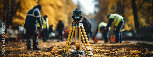 survey engineer in construction site use theodolite mark a concrete pile co ordinate photo