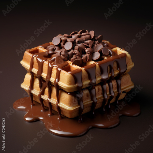 realistic photo one square waffle with chokolate topping created with Generative Ai