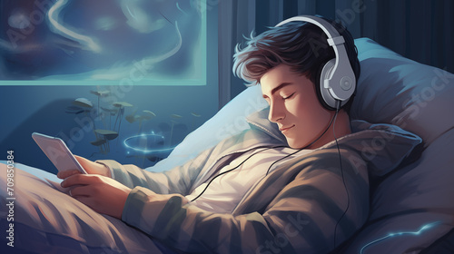 a serene bedroom setting, with a person comfortably lying in bed and wearing headphones while engaging with a smartphone photo