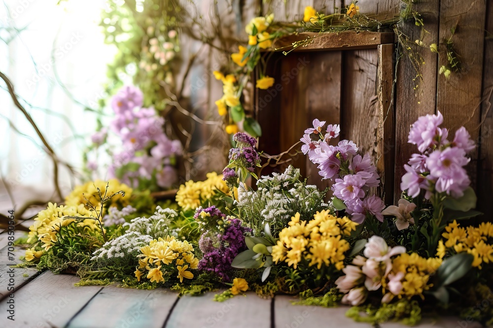 Fototapeta premium spring set up with colourful flowers pink , vintage wood parquet.