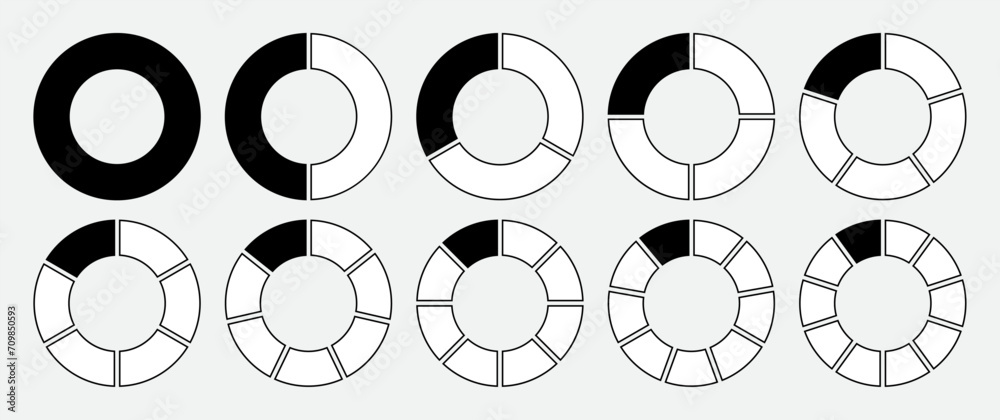 Hollow circle divided into 1-10 parts icon set in black and white color with outline. Hollow circle segment diagram in 1-10 parts graph icon pie shape section chart in black on white background. - obrazy, fototapety, plakaty 