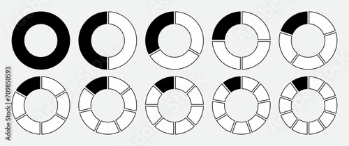 Hollow circle divided into 1-10 parts icon set in black and white color with outline. Hollow circle segment diagram in 1-10 parts graph icon pie shape section chart in black on white background. photo