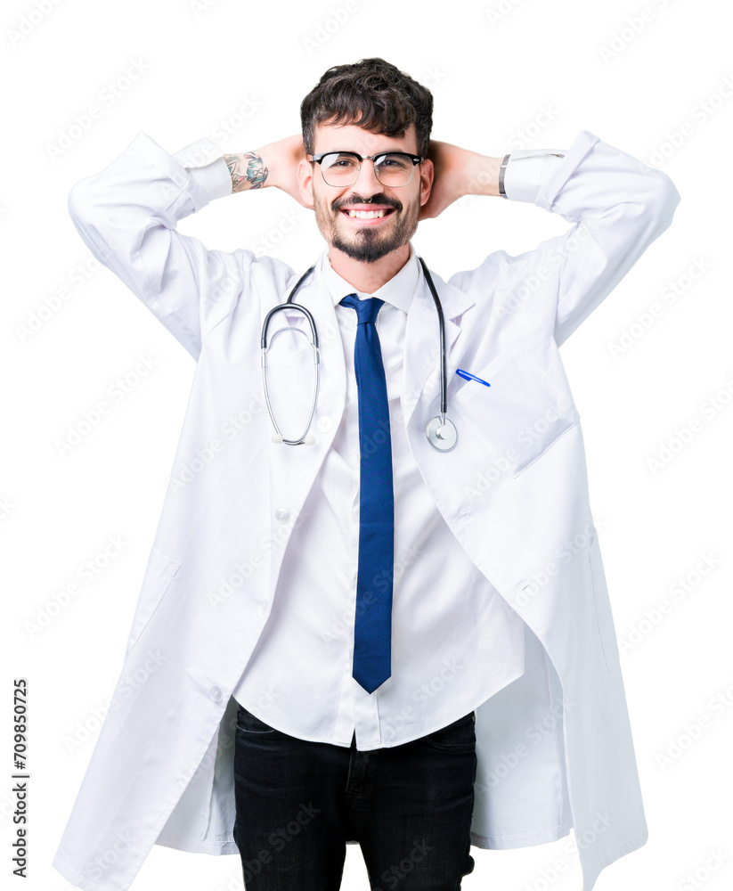Young doctor man wearing hospital coat over isolated background Relaxing and stretching with arms and hands behind head and neck, smiling happy Young doctor man wearing hospital coat over isolated background Relaxing and stretching with arms and hands behind head and neck, smiling happy