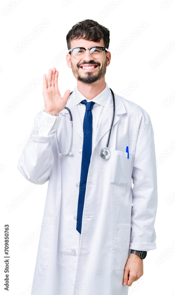 Young doctor man wearing hospital coat over isolated background Waiving saying hello happy and smiling, friendly welcome gesture Young doctor man wearing hospital coat over isolated background Waiving saying hello happy and smiling, friendly welcome gesture