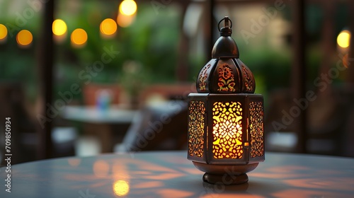 Lantern on the table with bokeh lights on background. Ramadan Kareem concept
