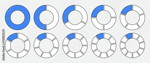 Hollow circle divided into 1-10 parts icon set in blue and white color with outline. Hollow circle segment diagram in 1-10 parts graph icon pie shape section chart in blue on white background.