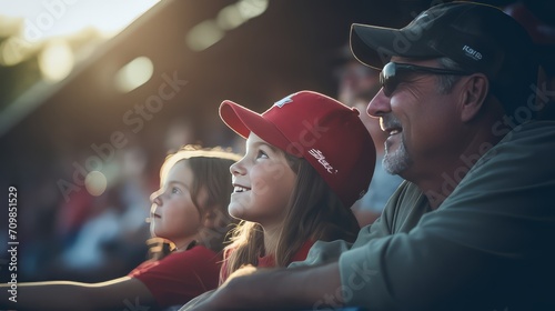 Parents and kids watching youth sports game, in the crowd at stadium cheering family playing baseball soccer field sport