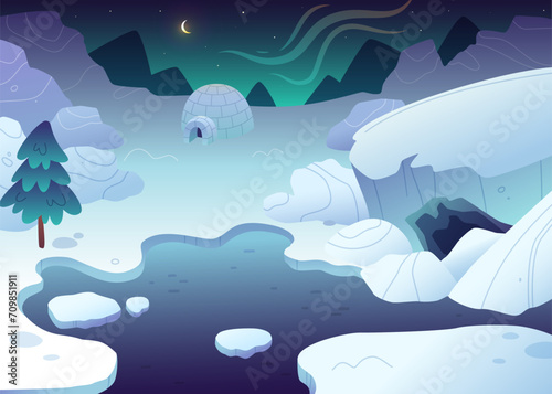 Cartoon arctic night landscape with cute igloo. Northern vector background with aurora.