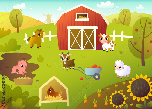 Cartoon farm landscape with cute domestic animals. Summer vector rural background with farm animals.