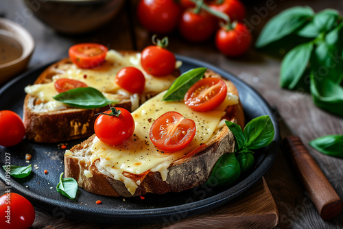 Baked sandwich with cheese and cherry tomatoes on dark bread decorated with fresh basil leaves