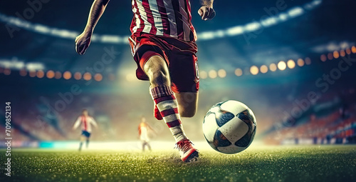 Running football player kicks the ball on stadium. Postproducted generative AI illustration. photo