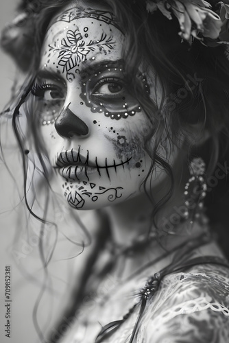 Calavera Elegance: Black and White Portrait of a Young Woman Adorned for the Mexican Celebration Dia de los Muertos - A Striking Blend of Beauty and Tradition in Monochromatic Splendor - Generative AI