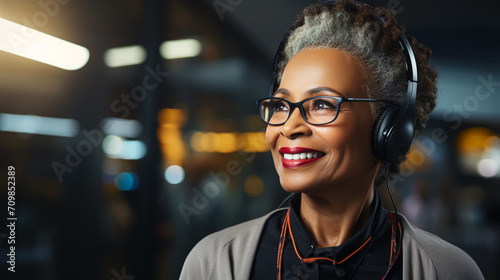 Happy old businesswoman in headset speaking by conference call consulting customer service support in office photo
