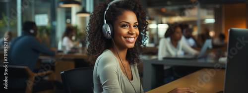 Serious call center operator in wireless headset talking with customer, woman in headphones with microphone consulting client