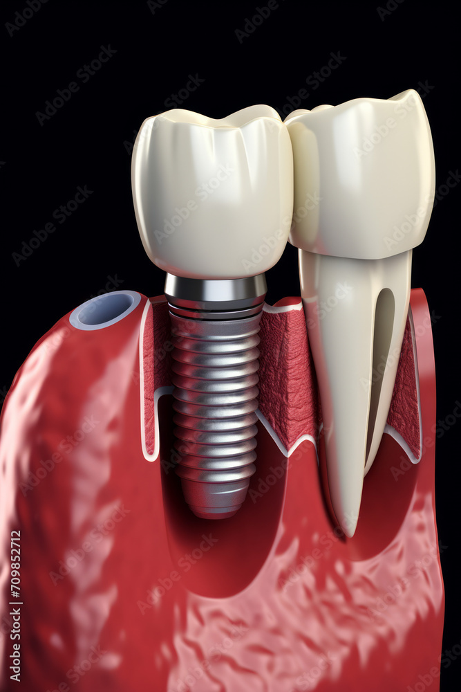 Anatomy of healthy teeth and tooth dental implant in human dentura