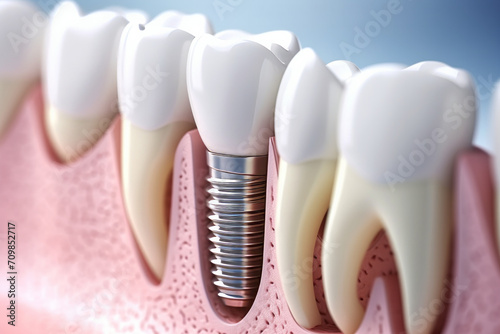 Anatomy of healthy teeth and tooth dental implant in human dentura photo
