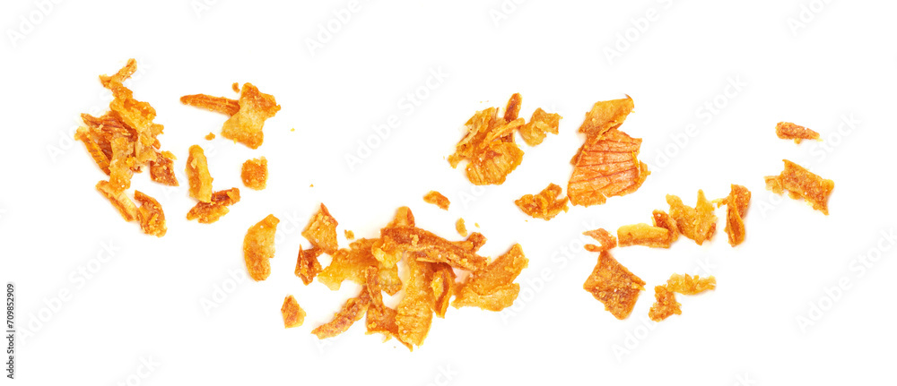 Pile of crispy fried onions isolated on white.  Roasted Onions Top view. Flat lay. - obrazy, fototapety, plakaty 