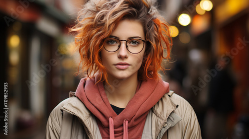 Young girl with short curly hair dyed with orange and blonde highlights. Modern and cool girl on the street wearing casual clothes and looking at the camera. photo