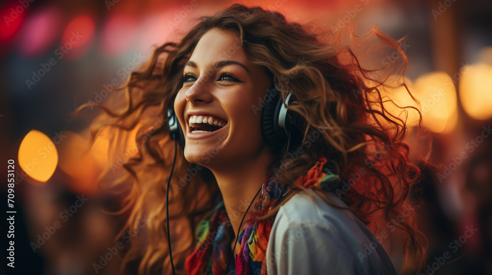 A young woman is dancing at a concert having a good time at an open air venue in the night.