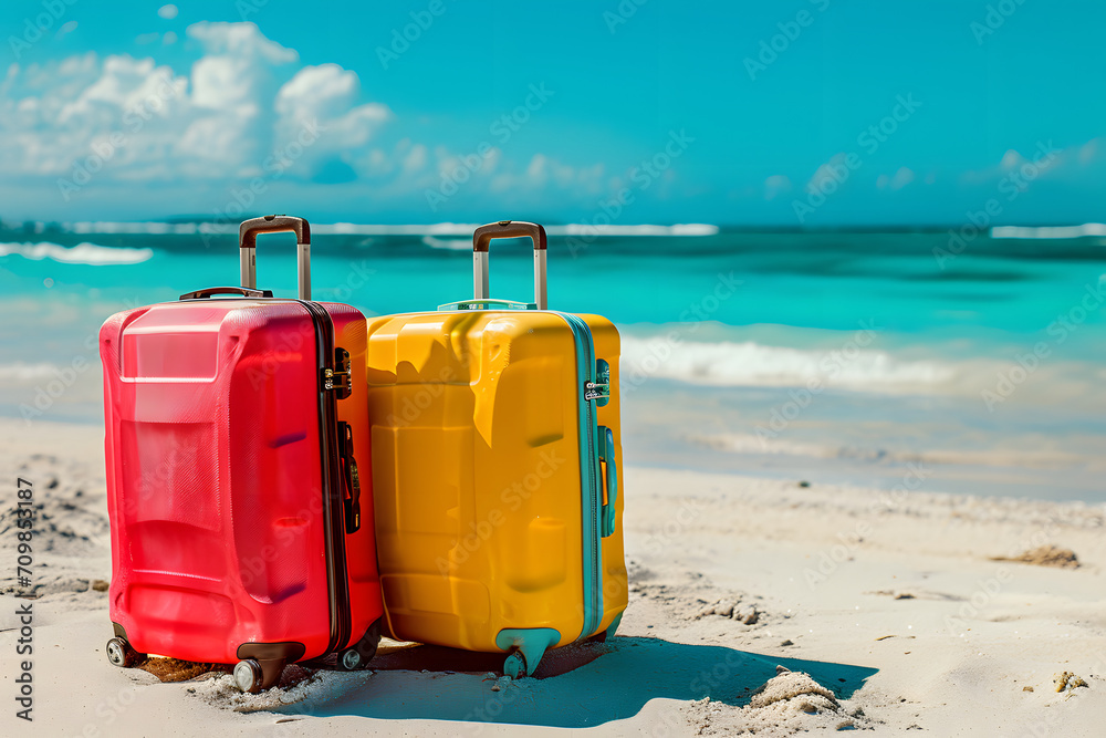 Tropische Reiseträume: Reisegepäck am Sandstrand in tropischen Gefilden, eine idyllische Szene voller Sommerfreuden und Urlaubsträume Tropische Reiseträume: Reisegepäck am Sandstrand in tropischen Gefilden, eine idyllische Szene voller Sommerfreuden und Urlaubsträume