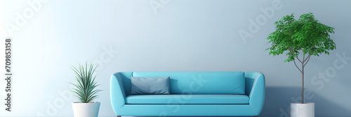 blue couch with stand and pot sitting in a living room
