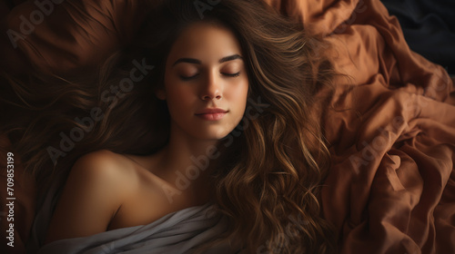 Woman sleeping. High angle view of beautiful young woman lying in bed and keeping eyes closed while covered with blanket.