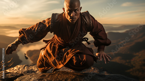 Bald man in traditional clothes on rock pose and meditating during kung fu training in mountain photo
