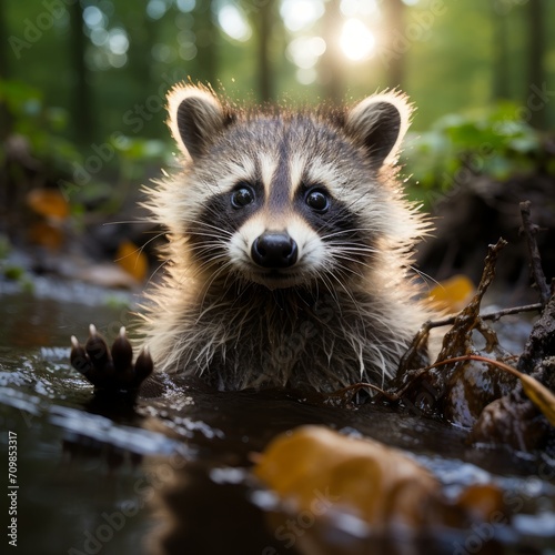 Photo of a baby raccoon dipping its paws in a stream. Generative AI