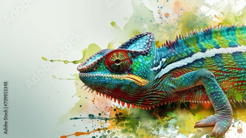 Colorful chameleon painted with watercolor technique on a light green background, banner with copy space