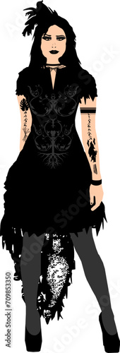Vektor Silhouette Figur - Junge sexy Frau im Gothic Look mit dunkler Kleidung, Schminke und High Heels