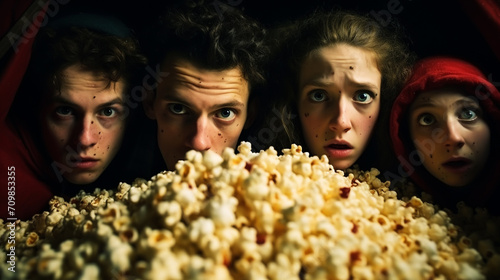 Surprised kid watching movie in cinema theater