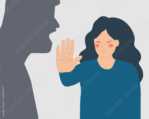 Human shadow threats and shout at a woman. Strong female says NO to abuse and bullying. Stop domestic violence and exploitation concept. Vector Stock photo