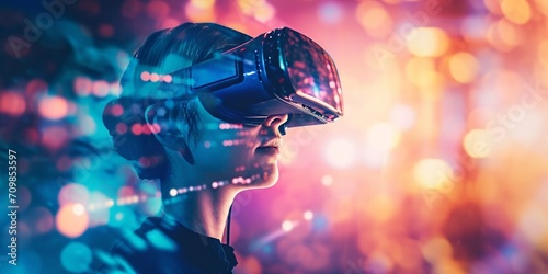 A photo capturing the exciting world of Virtual Reality (VR), showing a person fully immersed in a VR headset, interacting with a digital environment. photo