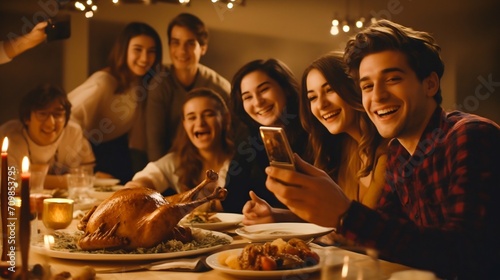 Joyful Friends Sharing a Thanksgiving Feast Together. Generative ai photo