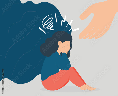 A hand helps a crying woman to get rid of stress, anxiety, and depression. Sad girl needs support due to psychological problems. Concept of mental health disorder, illness and social help

