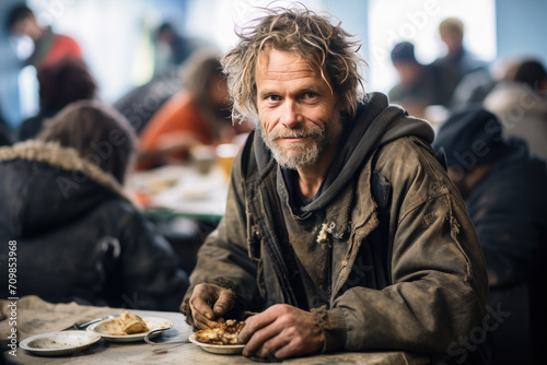 Happy homeless man, bum, beggar eats a canteen against the background of people. Help the homeless, charity, volunteering