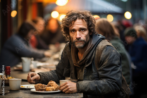 A doomed sad homeless man, a beggar eats at a canteen against the backdrop of people. Poverty, poverty, unemployment, poverty.