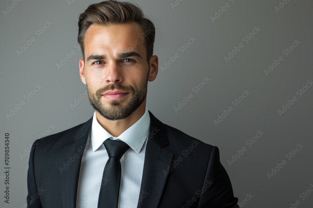 Elegant studio portrait of a European man in formal attire, isolated on a grey background Elegant studio portrait of a European man in formal attire, isolated on a grey background