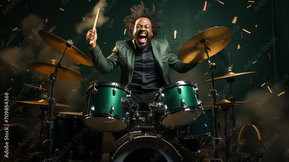 Fototapeta premium Drummer rehearsing on drums before rock concert. Man recording music on drum set in studio
