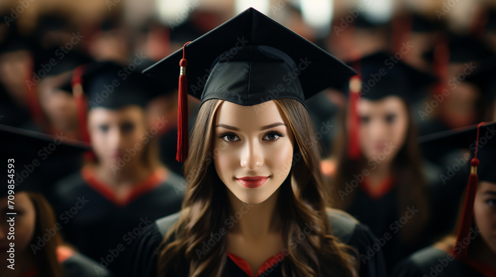 Obraz premium Graduate girl with master degree in black graduation robe and cap happy young woman careerist have success in her business.